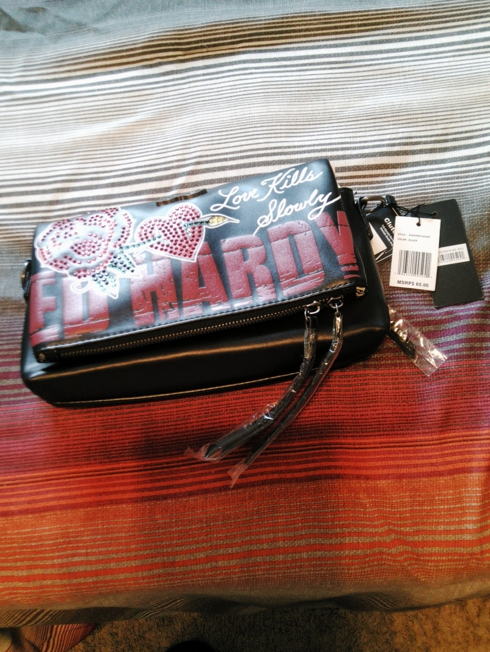 Ed Hardy Black Crossbody with Red Logo and Pink Heart Accents. Low Start